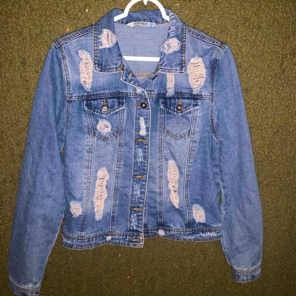 HIGHWAY JEANS WOMENS DISTRESSED ACID WASH DENIM BLUE JEAN JACKET SIZE LARGE